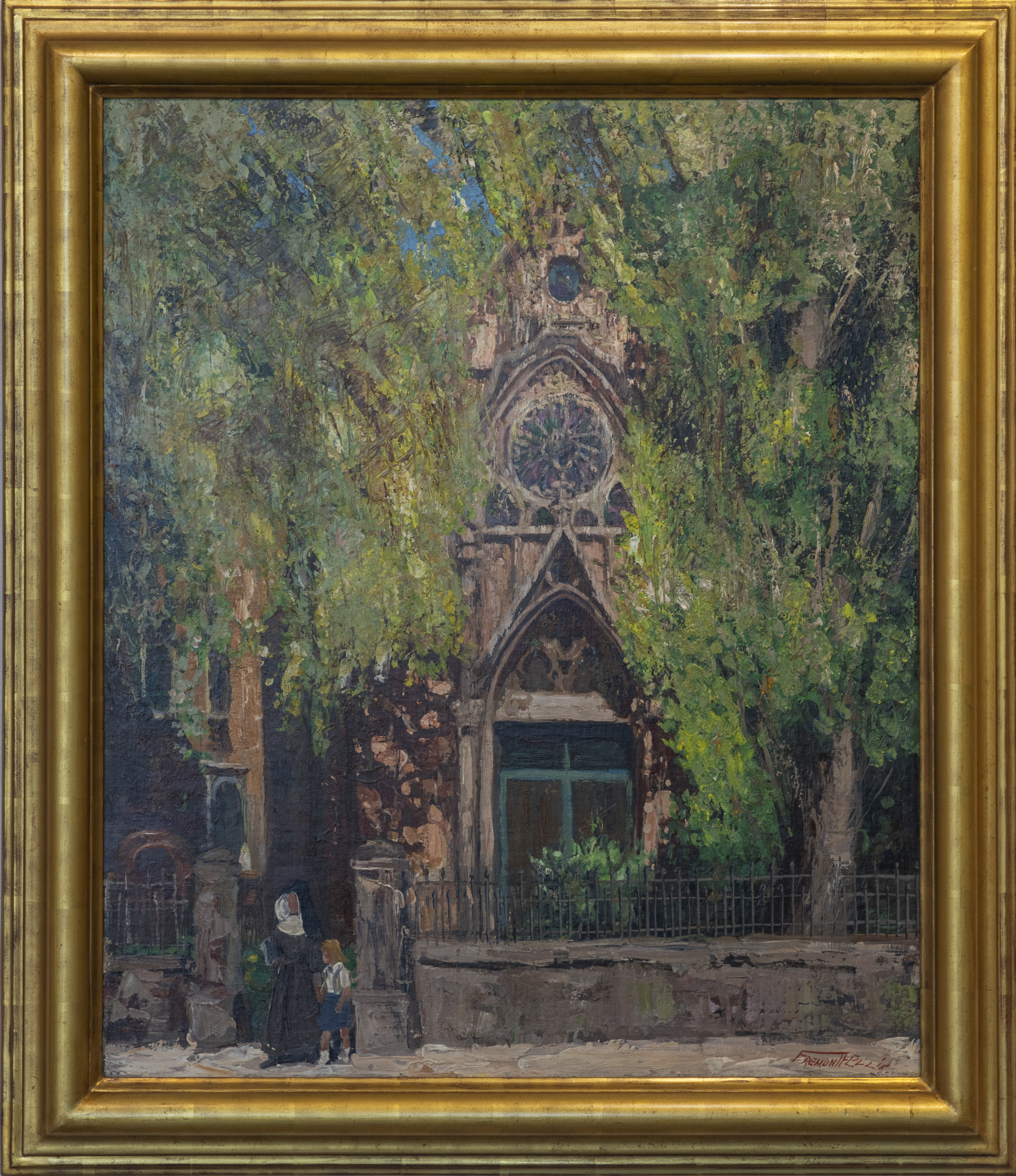 A textured oil painting of Santa Fe, New Mexico with a detailed view of the Loretto Chapel. Title: Chapel of Loretto, Santa Fe
